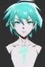 Placeholder: Phosphophyllite Houseki no Kuni on a black background stands with his back but turns to face the screen