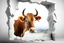 Placeholder: white,background,looking,through,a 3-d, broken,window,with,sharp,edges hole,watching,a,highland cow