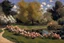 Placeholder: amazing sunny spring day, trees, flowers, fence, little pond, frederic bazille impressionism painting