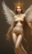 Placeholder: Female angel with beautiful perfect face big wings and golden crown floating above the ground in the dark enviroment, anatomically correct, michelangelo style, detailed, world of warcraft style, dark forest, trees, painting, brush strokes, 8k