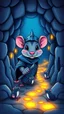 Placeholder: blue and black "Card front, rat knight portrait, cute,featuring a mystical dungeon design with glowing trails, tiny cartoon rats exploring paths, whimsical fantasy vibe, glowing runes, vibrant and colorful, symmetrical layout, polished illustration style."