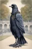 Placeholder: Pencil colour drawing. Anthropomorphic raven dressed in empress Elizabeth style standing in Schönbrunn park in Vienna