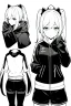 Placeholder: blonde girl with ponytails dressed in a jacket and shorts walks briskly, front view, greyscale