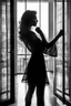 Placeholder: behind a glass door dancing a silhouette of one nice woman, high quality, highly detailed, stunning, high realistic picture, impressive, sharp focus, perfect body, perfect shot, professional photo, noir