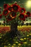 Placeholder: A sunflower tree surrounded with red poppies growing out of a zombie