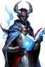 Placeholder: En Young male black skin tiefling fra dnd holding a book with Arcane Magic in a silver and White Rope and a silver cloak. His horn a perfectly place on acet from the front to the back pointing upwards with glowing Red cat Eyes glowing Blue Arcane Magic around them ice crystals flowing around him. His close is elegant get simple. Holding an ice Crystal in his Right Hand