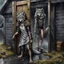 Placeholder: fantasy digital art of kicked out of the house out the door with his foot an tall angry anthro wolf man in dark gray body hairy kicks she out the door , a very sad little anthro wolf she have wolf face gray hairy wolf body and wears just a short canvas rag around her waist , she have sadly face , rain , behind she , behind in rustic halb open door in an massive wooden house, rainy day, detailed, fantasy mood