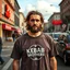 Placeholder: a swedish Jesus like man standing on a busy street wearing a t-shirt. a kebab brothers t shirt, with a kebab brothers logo, KEBAB BROTHERS tattoo in forehead, KEBAB BROTHERS Sign in background, Kebab brothers store, Kebab Brothers sign on cars, Kebab Brothers cloud in the sky