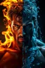Placeholder: A hyper-realistic cinematic portrait of a determined man standing between fire and water, symbolizing duality and balance. The left side of his face and body glows with fiery orange flames, sparks rising around him, while the right side is drenched in cascading blue water, droplets frozen in motion. His intense gaze conveys strength and inner conflict. Sweat and water glisten on his skin, reflecting the dramatic lighting. Dark moody background with a sharp contrast between warm fire tones and co