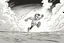 Placeholder: mostly sky, ground line at bottom, small cartoon character running towards the right side, leaving behind a cloud of dust. style of looney toons cartoon