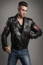 Placeholder: full body portrait, Head to waist image, an extremely muscular, 20-year-old Elvis De King aka black leather Biker's jacket, with short, buzz-cut dark blonde hair, mustache, goatee, bright, cobalt eyes, wearing the Kingdom Come Black Leather Biker's jacket, shaking hips, Dancing, fist pumping, playing a Cherry Red Hagstrom Viking II guitar, digital photograph, dark misty, foggy background, moon light, trees, forest animals