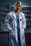 Placeholder: Mid-thirties, Caucasian male doctor, creepy smile, messy blonde hair, blonde thick mustache, pale blue eyes, broad shoulders, muscular, six foot, Hawaiian shirt under white lab coat, bloodstains at the edges of the lab coat. Strong Jaw line, surrounded by shadows, photo realistic