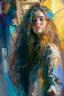 Placeholder: A bohemian artist with long, wavy, ombre hair and expressive, hazel eyes, wearing a paint-splattered smock and surrounded by her colorful, abstract artwork in a sunlit studio, in the style of Aleksi Briclot, Charlie Bowater, Dean Cornwell, and Pino Daeni