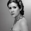 Placeholder: [[extrem stunning photorealistic carrie fisher as princess leia in star wars]] :: [[photorealistic sharp brown eyes, intricate ornate white gown, symmetrical short hair, head and shoulders portrait by Annie Leibovitz, 8k resolution photorealistic hyperdetailed portrait, intricately detailed, triadic colors]] :: [[galaxy background]]