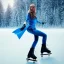 Placeholder: Woman skating on ice, blue, forest, snow, beautiful, mountain, masterpiece, expert, 8K, hyperrealism, sharp focus, cinematic lighting