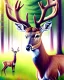 Placeholder: deer with antlers standing sideways, looking at viewer, realistic water color painted, among light colored tall simplified tree trunks, foggy, Easter Spring pastel colors, colorful, dark background