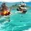 Placeholder: Two pirate ships fight each other at sea. Firing cannons. One ship is hit and burns after being hit.