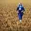 Placeholder: theresa may in robot armor, running through fields of wheat, sunshine, daytime, future, dystopian, hyperrealism