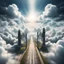 Placeholder: Hyper Realistic Aerial View Of Heaven's Road On Heaven's Sky & Heaven's Huge Fancy Gate With White Clouds At Cloudy-Day Environment Showing Dramatic & Cinematic Ambiance.