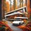 Placeholder: Cozy retreat, futuristic modern house in an autumn forest of vibrant colors. Contemporary design, clean lines and large windows, radiate a feeling of warmth and comfort. A white car parked on the winding road that leads to the house gives a touch of modernity to the rustic surroundings. The path is scattered with leaves. Around the house, mix of green, orange and yellow foliage. 8k