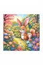 Placeholder: Dark moonlight calmly falling over a piece ful sleeping garden. Blue and white colors in the same style as reference image, the bunny, squirrel and butterfly are sleeping