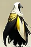 Placeholder: yellow to white feathered aarakocra in anime style wearing a long black cloak covering it's entire body and head