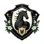 Placeholder: Create an elegant shield logo with a black horse in the middle, and a waterlily. The shield has flowery features