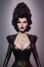 Placeholder: Rita Hayworth as evil queen in black leather, busty, cleavage, curvy, angry, stern look. character design by cory loftis, fenghua zhong, ryohei hase, ismail inceoglu and ruan jia. unreal engine 5, artistic lighting, highly detailed, photorealistic, fantasy