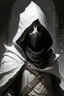 Placeholder: dungeons and dragons man wearing black robes and hood wearing a white mask