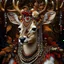 Placeholder: Beautiful deer portrait I amazing ly detailed textured botanical fur and textured skin adorned with berries, autumn ginger and orange leaves and white camelia flower, and copper beads and pearls rococ style headress, wearing humanoid rococo floral detailed ornate lace style costume organic bio spinal ribbed detail of moonlight background extremely detailed hyperrealistic maximálist concept art