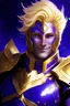 Placeholder: galactic man blond haired deep purple eyes smile knight of sky captain of vessel blue gold armor