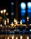 Placeholder: realistic closeup photo of a Jewish menorah with burning candles on a table next to Hanukkah decorations, on a dark background with bokeh