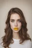 Placeholder: a portrait of a girl with brown hair and large brown eyes and big yellow lips in her 20s