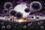 Placeholder: dark purple Sunset with big black Dandelions, , high textures, surreal style by dali, klee, bosch, weird, white-black colors, silver rain, sharp focus, splash art, intricately detailed, mystic, dark stunning mood