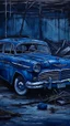 Placeholder: Bosch painting style nightmare , an old abandoned 1960 a dark blue show the whole view of Ford car