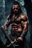 Placeholder: Jason David Frank Very muscular man with long hair and tribal tattoos in barbarian clothes with silver axe in forest, realistic face, close-up, brutal, dark fantasy, smoke in the sky, lightnings, rain, intricate details, hyper detailed