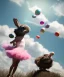 Placeholder: Ultra realistic speed clouds sky scene, wide angle view, child falling down with many Children background, rabbit head, inflatable monsters, circus dress style, feather color, free jumping flying, many trinkets, hair monster, many jelly beans, balls, color smoke, smile, happy, extreme, wind, clouds sea, 20,000 feet altitude, stratosphere, soft color, highly detailed, unreal engine 5, ray tracing, RTX, lumen lighting, ultra detail, volumetric lighting, 3d, finely drawn, high definition.