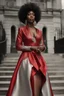 Placeholder: Portrait of a black woman wearing stylish red and silver dress.