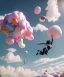 Placeholder: Ultra realistic speed clouds sky scene, wide angle view, sweet women falling down, inflatable color clothing, free jumping flying, many trinkets, hair monster, many jelly beans, balls, color smoke, smile, happy, circus style, extreme, wind, clouds sea, 20,000 feet altitude, stratosphere, soft color, highly detailed, unreal engine 5, ray tracing, RTX, lumen lighting, ultra detail, volumetric lighting, 3d, finely drawn, high definition, high resolution.