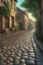 Placeholder: Fantasy street with cobblestone, moist from rain on sunny day