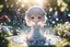 Placeholder: double exposure, only dots and pebbles, cute chibi anime girl, fountain, garden, forget me nots and roses in sunshine, backlit, ethereal, cinematic postprocessing, bokeh, dof