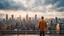 Placeholder: a close up view of a man standing on the balcony of a building while looking at a New York Manhattan, highly detailed, raw photo, procedural city, atmospheric, weather, billboards an signs