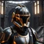 Placeholder: star wars bald male corellian pilot wearing pearlescent black and gunmetal grey First Order special forces heavy assault stealth commando armor and helmet with gold trim inside the jedi temple, hyperdetailed, dynamic lighting, hyperdetailed background, 8k resolution, volumetric lighting, light skin, fully symmetric details