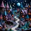 Placeholder: Detailed creepy landscape made of modeling clay, people, village, stars and planets, naïve, Tim Burton, intricate, Harry Potter, strong texture, extreme detail, Max Ernst, decal, rich moody colors, sparkles, bokeh