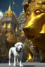 Placeholder: humans obey front of the huge yellow-white big dog, myistic atmhosphare. Realistic, render, 4k