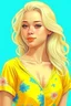 Placeholder: pretty girl, blonde, conventionally attractive, bright clothes, realism, dreamy, tight top, maternal