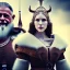 Placeholder: Viking theme, a younger woman sitting next to a 50-year-old man, portrait, 8K, close-up face, anatomically perfect face, Highly detailed stunning full frame portrait, misty and cloudy atmosphere