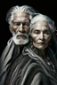 Placeholder: a photo of an White man and woman with ethnic jewelry, grey hair and grey flowing robe, in style of Annie Leibovitz, contemporary portrait of a mature yet beautiful and modernist, black and grey, detailed face, swirling fluid smokey enigma, award-winning artwork