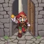 Placeholder: Male Fantasy RPG character, chaabi kawaii mario proportions, lord of the rings inspiration, with a coin held out in front, in a bounding run out a doorway, isometric game