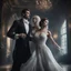 Placeholder: Hyper Realistic close-up-view-of-handsome-muscular-man-in-black-tuxedo dancing with a beautiful-ghost-of-a-women-in-torn-white-gown inside a super-dark-fancy-hall-of-a-mansion with creepy flying-ghosts behind showing dramatic & cinematic ambiance